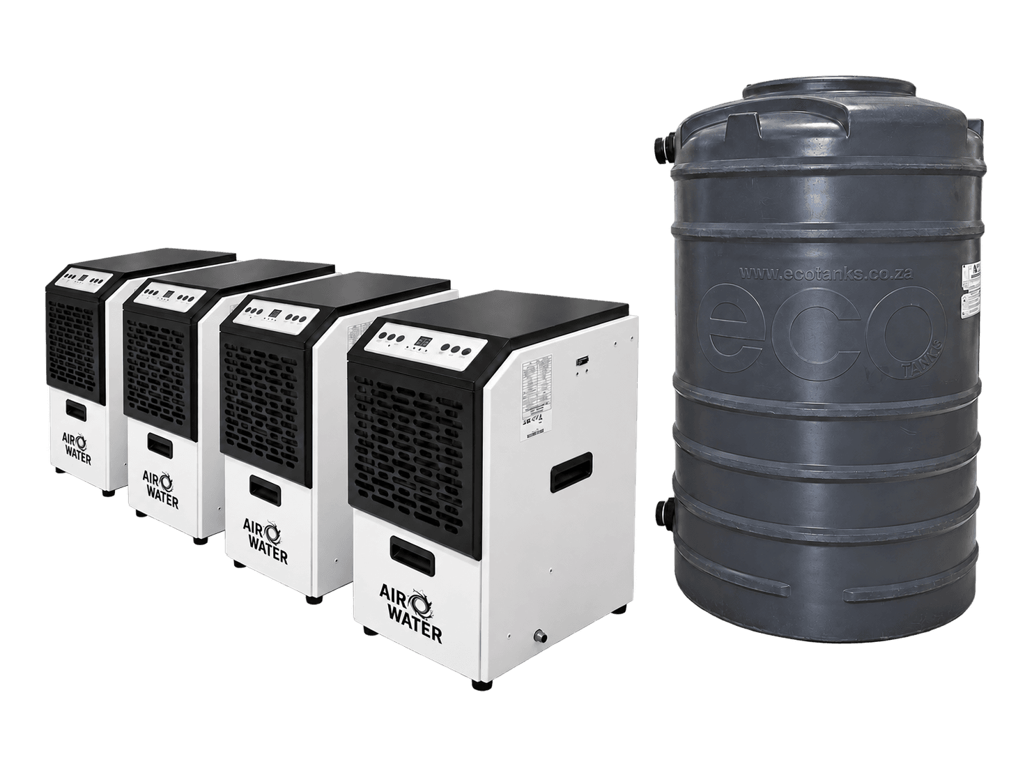 Four Airwater generators installed alongside a large water storage tank